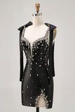 Sparkly Black Tight Rhinestones Short Ball Dress with Slit