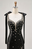 Sparkly Black Tight Rhinestones Short Ball Dress with Slit