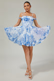 White Blue Flower A-Line Cold Shoulder Printed Beaded Homecoming Dress