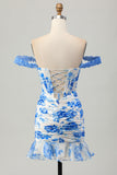 White Blue Flower Off the Shoulder Corset Short Homecoming Dress with Ruffles