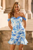 White Blue Flower Off the Shoulder Corset Satin Short Ball Dress with Ruffles