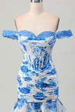 White Blue Flower Off the Shoulder Corset Short Homecoming Dress with Ruffles