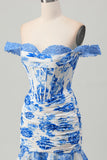 White Blue Flower Off the Shoulder Corset Short Homecoming Dress with Ruffles