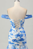 White Blue Flower Off the Shoulder Corset Short Homecoming Dress with Ruffles