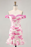White Blue Flower Off the Shoulder Corset Satin Short Ball Dress with Ruffles
