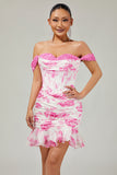 White Blue Flower Off the Shoulder Corset Satin Short Ball Dress with Ruffles