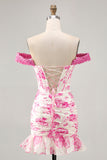 White Blue Flower Off the Shoulder Corset Satin Short Ball Dress with Ruffles