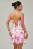 White Blue Flower Off the Shoulder Corset Satin Short Ball Dress with Ruffles
