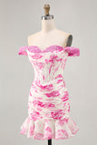 White Blue Flower Off the Shoulder Corset Satin Short Ball Dress with Ruffles