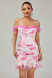 White Blue Flower Off the Shoulder Corset Satin Short Ball Dress with Ruffles