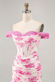 White Blue Flower Off the Shoulder Corset Satin Short Ball Dress with Ruffles
