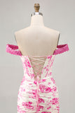 White Blue Flower Off the Shoulder Corset Satin Short Ball Dress with Ruffles
