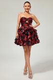 Black Red Strapless Ruffled Printed Cut Out Short Ball Dress