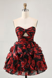 Black Red Strapless Ruffled Printed Cut Out Short Ball Dress