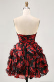 Black Red Strapless Ruffled Printed Cut Out Short Ball Dress