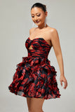 Black Red Strapless Ruffled Printed Cut Out Short Ball Dress