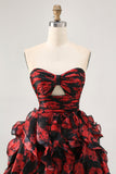 Black Red Strapless Ruffled Printed Cut Out Short Ball Dress