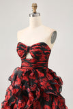 Black Red Strapless Ruffled Printed Cut Out Short Ball Dress