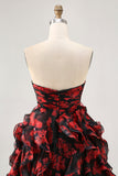 Black Red Strapless Ruffled Printed Cut Out Short Ball Dress
