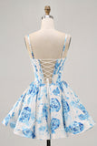White Blue Flower Printed A Line Corset Short Ball Dress