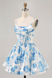 White Blue Flower Printed A Line Corset Short Ball Dress