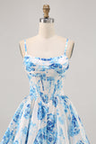 White Blue Flower Printed A Line Corset Short Ball Dress