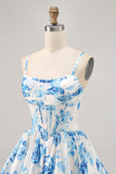 White Blue Flower Printed A Line Corset Short Ball Dress
