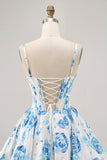 White Blue Flower Printed A Line Corset Short Ball Dress