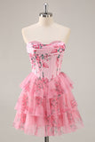 Pink Floral Strapless A-Line Corset Tiered Short Cocktail Dress