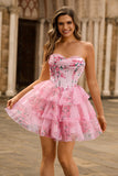 Pink Floral Strapless A-Line Corset Tiered Short Cocktail Dress