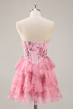 Pink Floral Strapless A-Line Corset Tiered Short Cocktail Dress