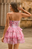 Pink Floral Strapless A-Line Corset Tiered Short Cocktail Dress