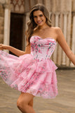 Pink Floral Strapless A-Line Corset Tiered Short Cocktail Dress