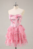 White Blue Flower Corset Tiered Short Homecoming Dress