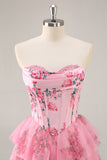 White Blue Flower Corset Tiered Short Homecoming Dress