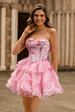 Pink Floral Strapless A-Line Corset Tiered Short Cocktail Dress