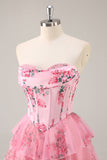 White Blue Flower Corset Tiered Short Homecoming Dress