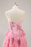 White Blue Flower Corset Tiered Short Homecoming Dress