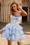 Pink Floral Strapless A-Line Corset Tiered Short Cocktail Dress