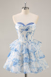 Pink Floral Strapless A-Line Corset Tiered Short Cocktail Dress