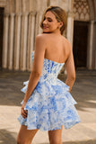 Pink Floral Strapless A-Line Corset Tiered Short Cocktail Dress