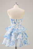 Pink Floral Strapless A-Line Corset Tiered Short Cocktail Dress