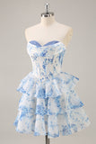 White Blue Flower Corset Tiered Short Homecoming Dress