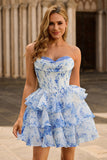 Pink Floral Strapless A-Line Corset Tiered Short Cocktail Dress