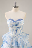 White Blue Flower Corset Tiered Short Homecoming Dress