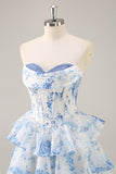 White Blue Flower Corset Tiered Short Homecoming Dress