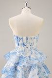 White Blue Flower Corset Tiered Short Homecoming Dress