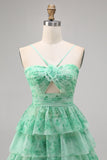 Purple A-line Spaghetti Straps Tiered Cut Out Floral Short Homecoming Dress