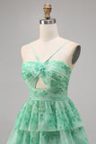 Purple A-line Spaghetti Straps Tiered Cut Out Floral Short Homecoming Dress