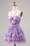Purple A-line Spaghetti Straps Tiered Cut Out Floral Short Homecoming Dress